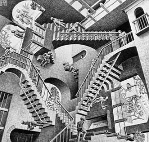 Relativity, by M. C. Escher.  Lithograph, 1953.  mcescher.com/gallery/back-in-holland/relativity.  Copyright © M. C. Escher.