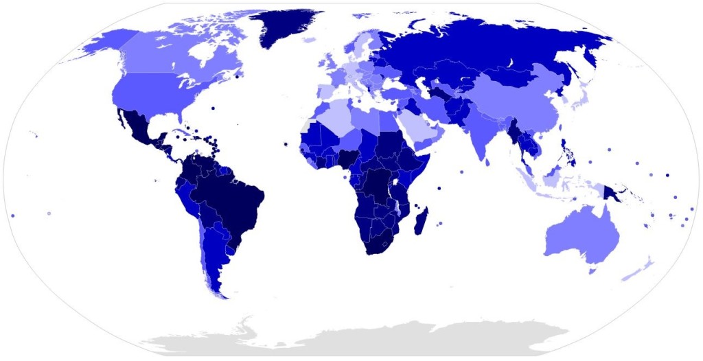 Homicide rate per 100,000 inhabitants in 2012. (Bluer indicates more homicides.) Map by Nikko2013, 2014. en.wikipedia.org/wiki/List_of_countries_by_intentional_homicide_rate