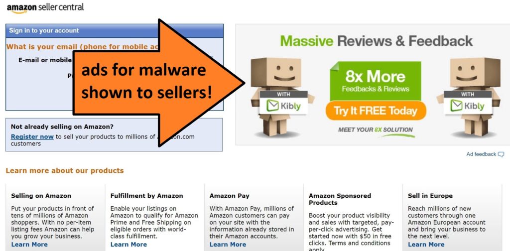 Amazon shows these ads for malware to the sellers.