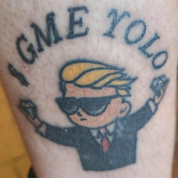 A popular user post courtesy of reddit's wallstreetbets. Tattoo commemorates one user's massive gains of several hundred thousand dollars on an underdog stock. 