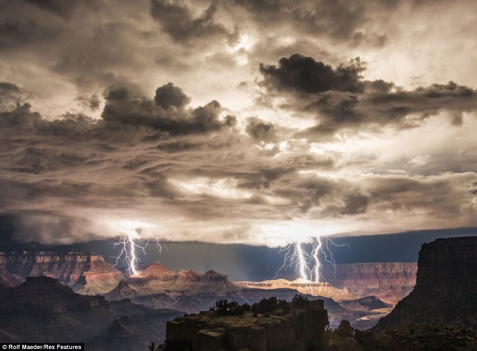 Lightning photographed at the Grand Canyon.  Copyright © Rolf Maeder / Rex Features.